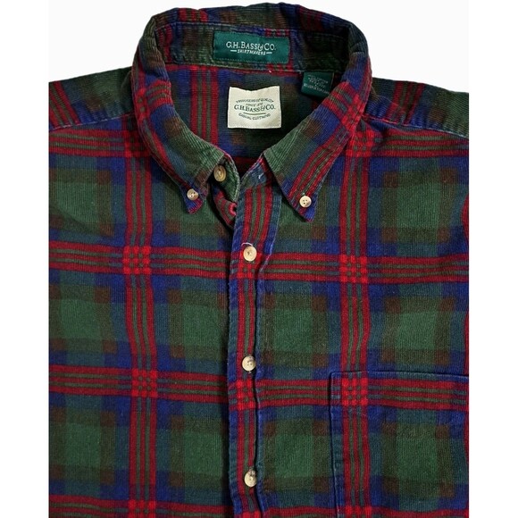 Corduroy Shirt Mens Large Red Green Button Up Check GH Bass Vintage Tartan - Picture 2 of 7